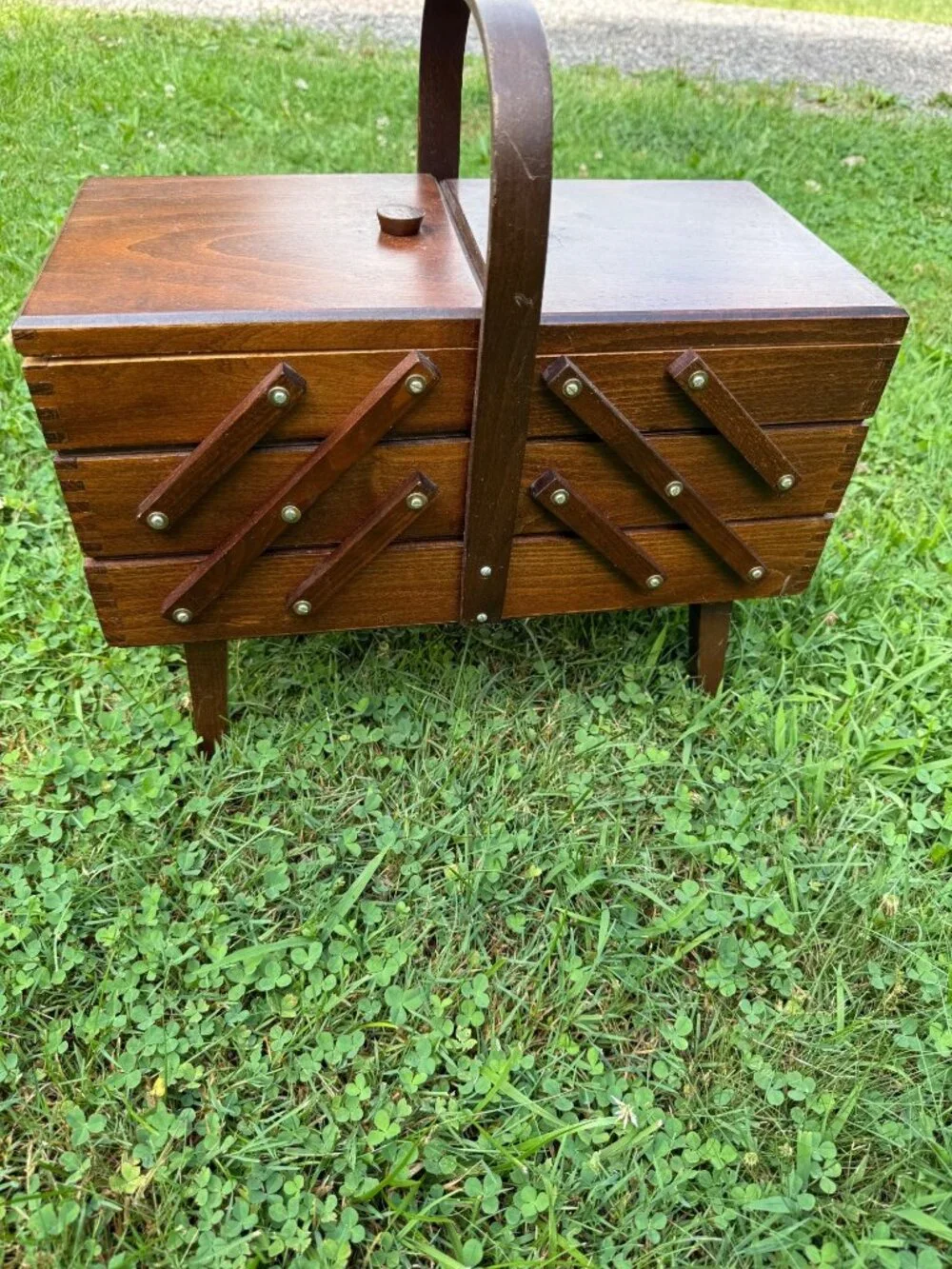 Vintage Wooden Accordion Sewing Box Romania Handle Tiered Cabinet Chest Wood Sto